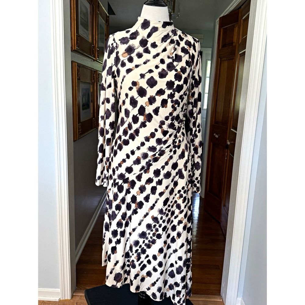 Maggy London Leopard Print Sheath Dress Mock Neck Ruched Midi Long Sleeve 14 NWT
